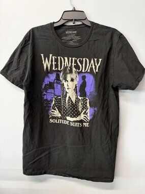 Wednesday Solitude Suits Me Graphic T-Shirt Black & Purple Large 100% Cotton